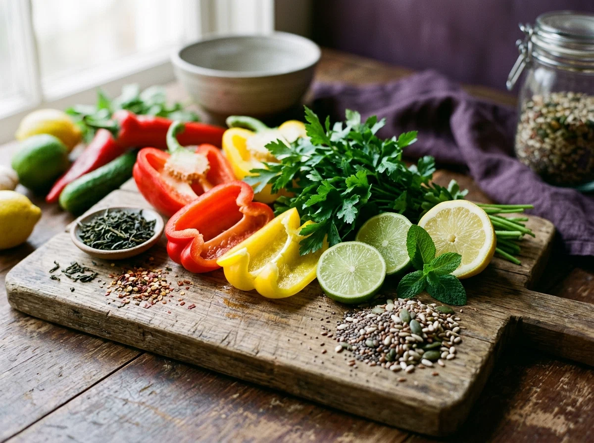 Vitamines voor een actieve leefstijl Nederland - verse groenten, kruiden en citrus op een snijplank